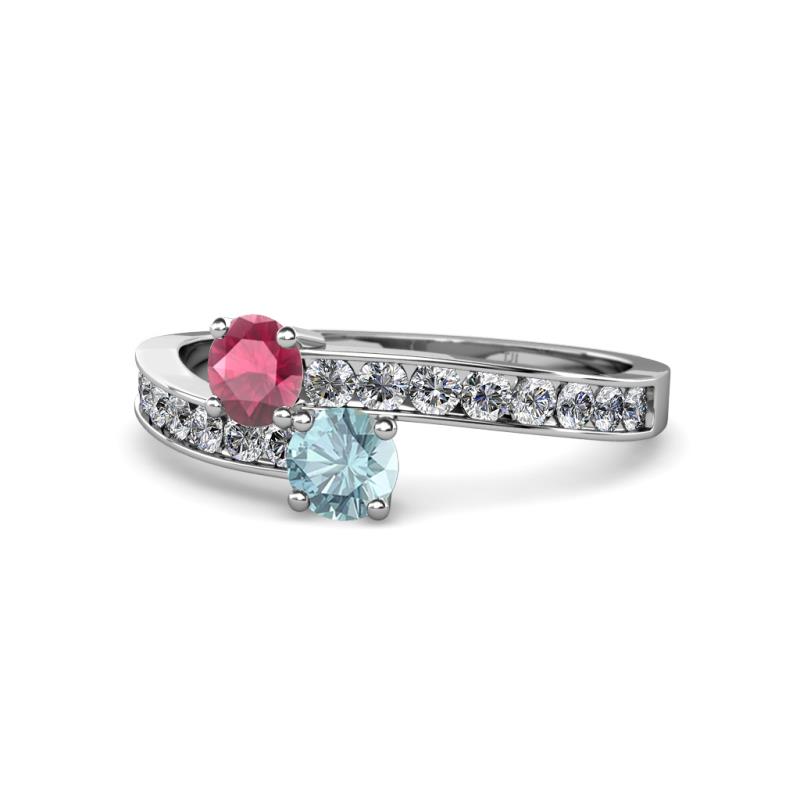 Olena Rhodolite Garnet and Aquamarine with Side Diamonds Bypass Ring 