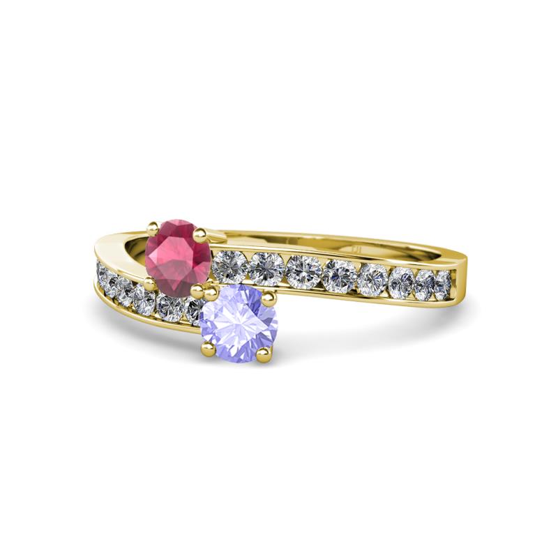 Olena Rhodolite Garnet and Tanzanite with Side Diamonds Bypass Ring 