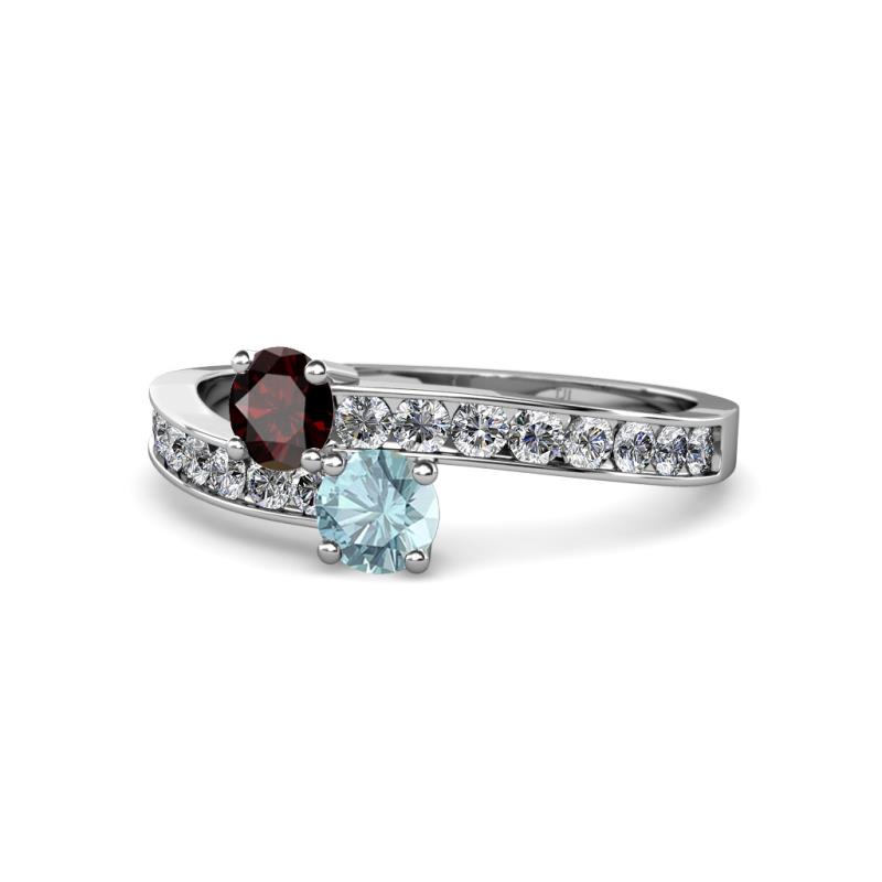 Olena Red Garnet and Aquamarine with Side Diamonds Bypass Ring 