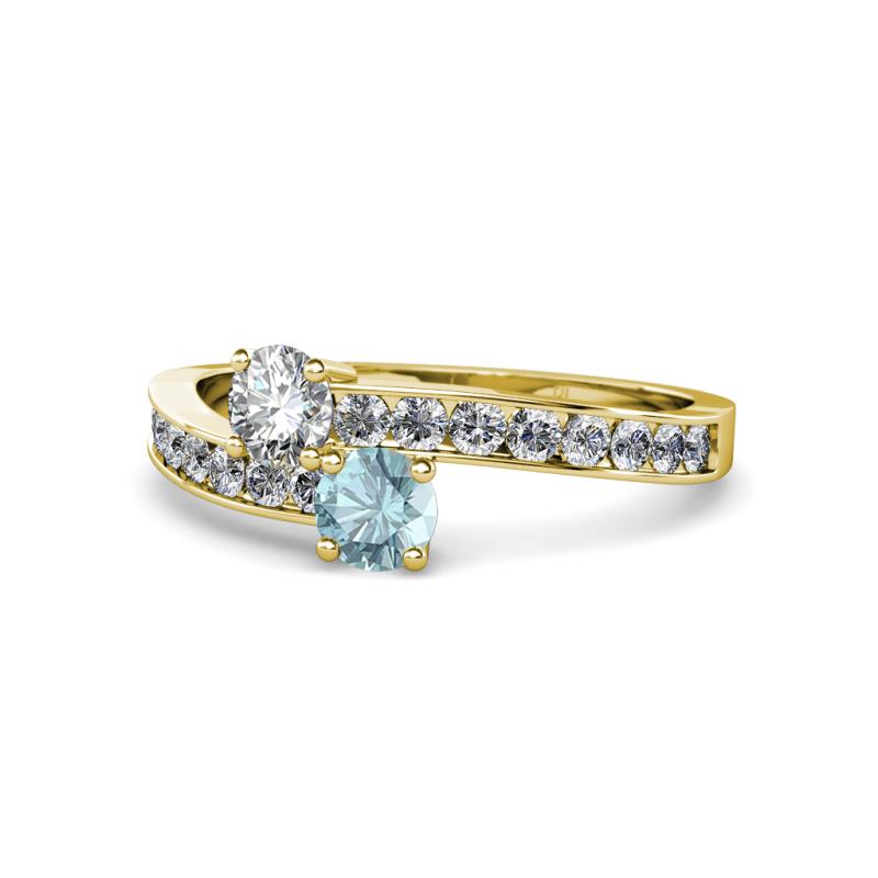 Olena Diamond and Aquamarine with Side Diamonds Bypass Ring 