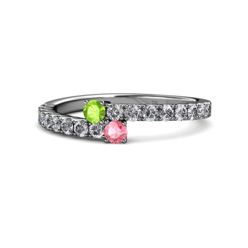 Delise 3.40mm Round Peridot and Pink Tourmaline with Side Diamonds Bypass Ring 