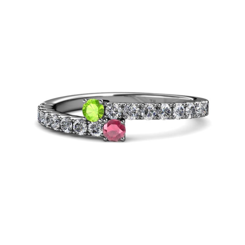 Delise 3.40mm Round Peridot and Rhodolite Garnet with Side Diamonds Bypass Ring 