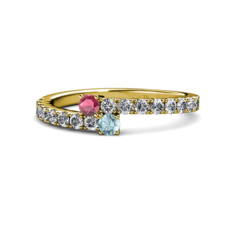 Delise 3.40mm Round Rhodolite Garnet and Aquamarine with Side Diamonds Bypass Ring 
