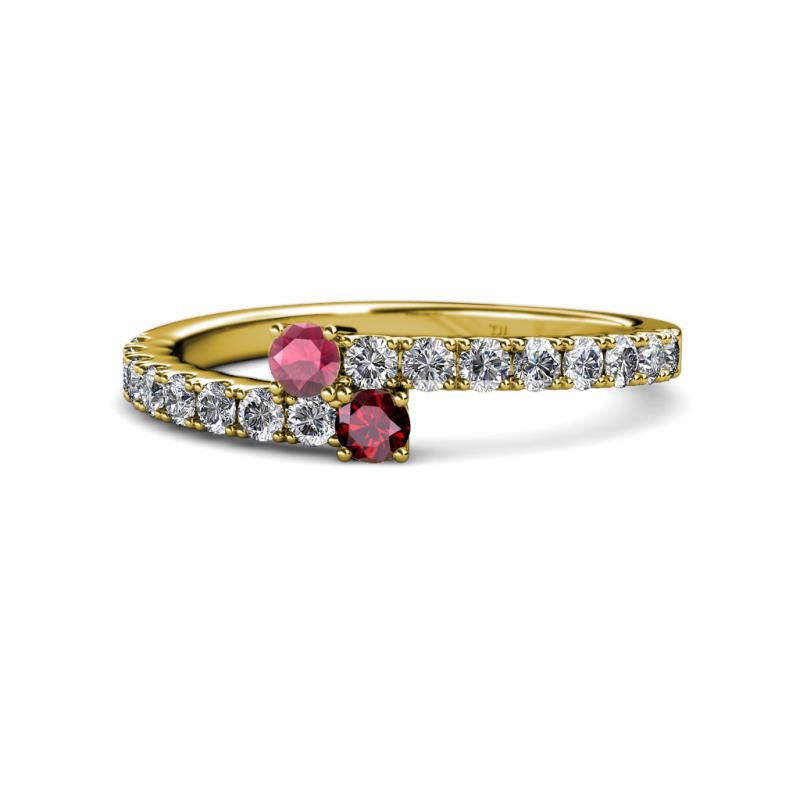 Delise 3.40mm Round Rhodolite Garnet and Ruby with Side Diamonds Bypass Ring 