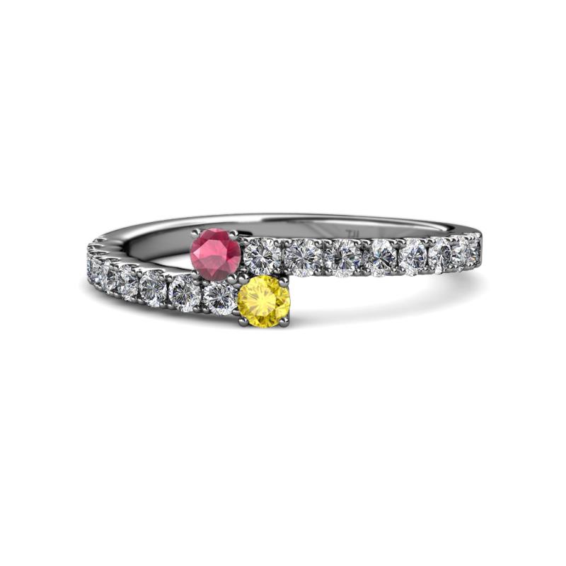 Delise 3.40mm Round Rhodolite Garnet and Yellow Sapphire with Side Diamonds Bypass Ring 