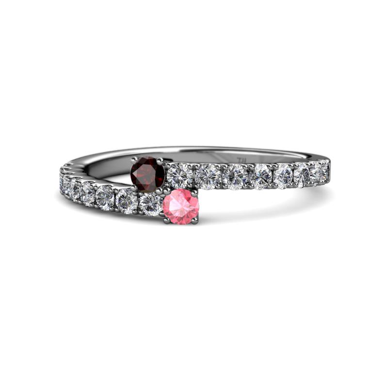 Delise 3.40mm Round Red Garnet and Pink Tourmaline with Side Diamonds Bypass Ring 