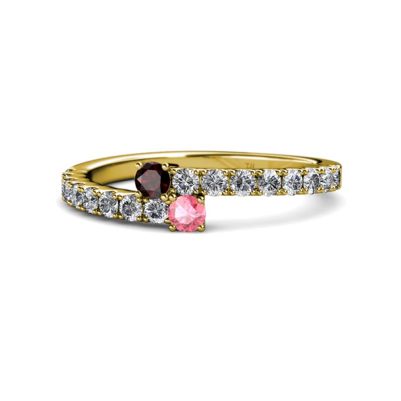 Delise 3.40mm Round Red Garnet and Pink Tourmaline with Side Diamonds Bypass Ring 
