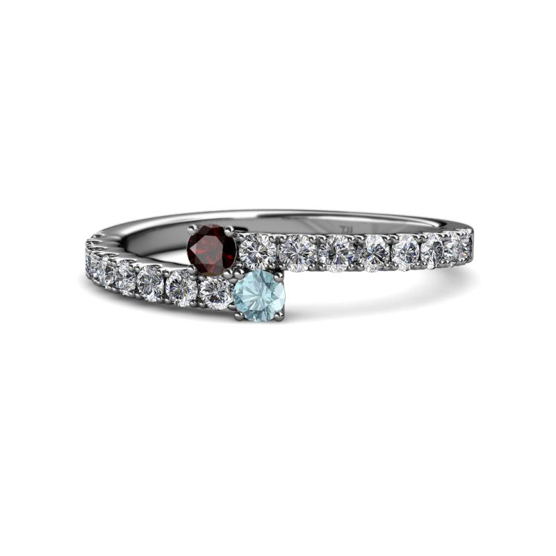 Delise 3.40mm Round Red Garnet and Aquamarine with Side Diamonds Bypass Ring 