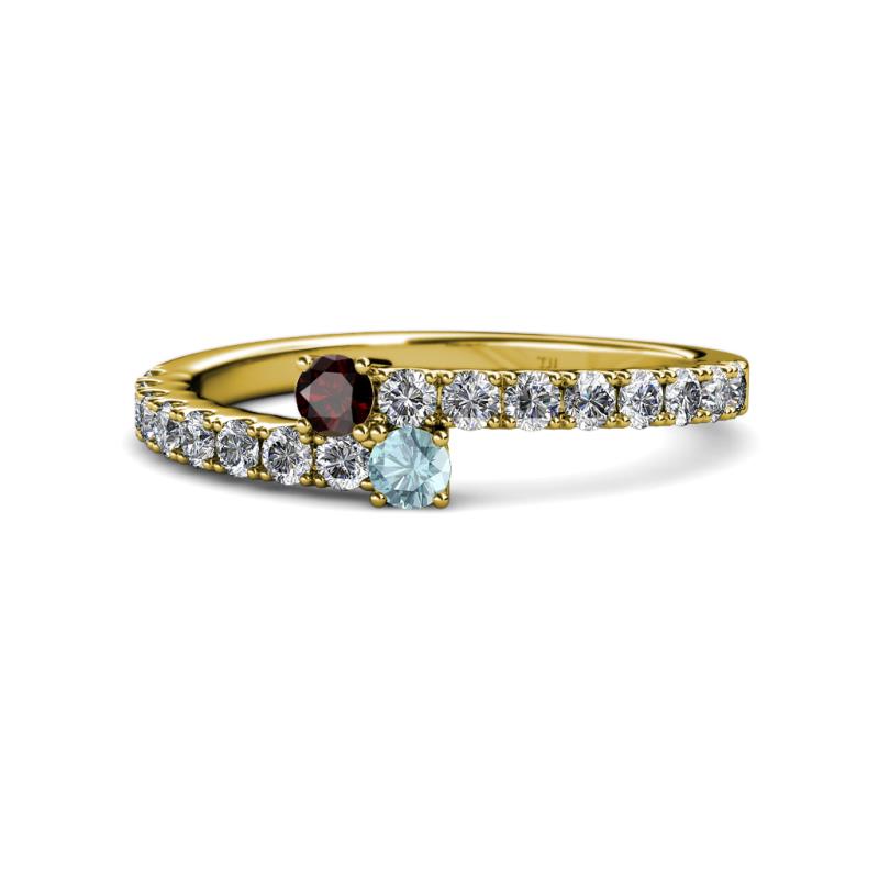 Delise 3.40mm Round Red Garnet and Aquamarine with Side Diamonds Bypass Ring 