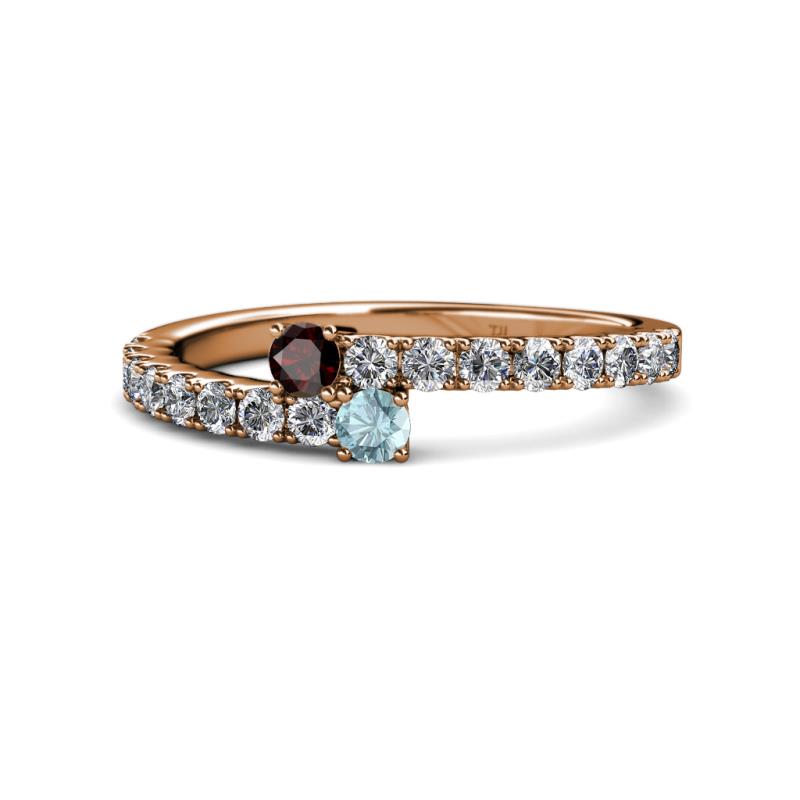 Delise 3.40mm Round Red Garnet and Aquamarine with Side Diamonds Bypass Ring 