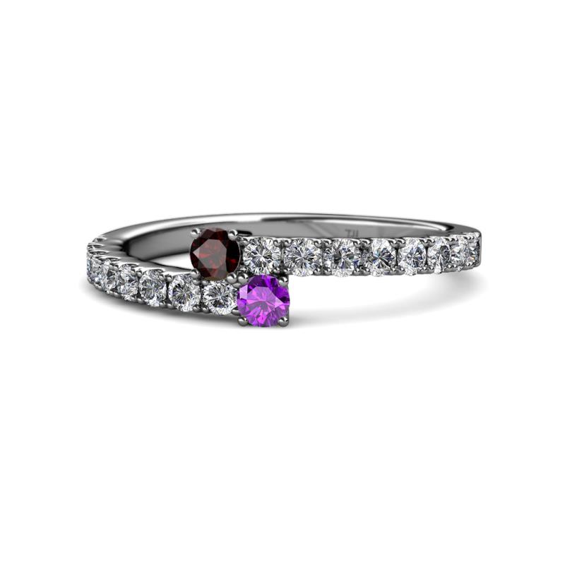 Delise 3.40mm Round Red Garnet and Amethyst with Side Diamonds Bypass Ring 