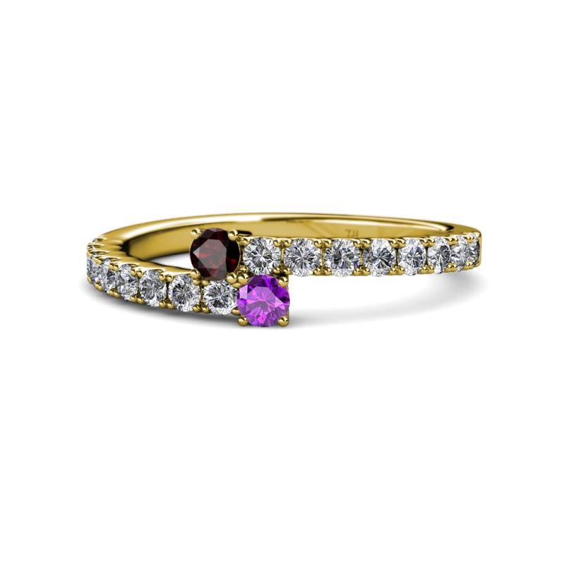 Delise 3.40mm Round Red Garnet and Amethyst with Side Diamonds Bypass Ring 