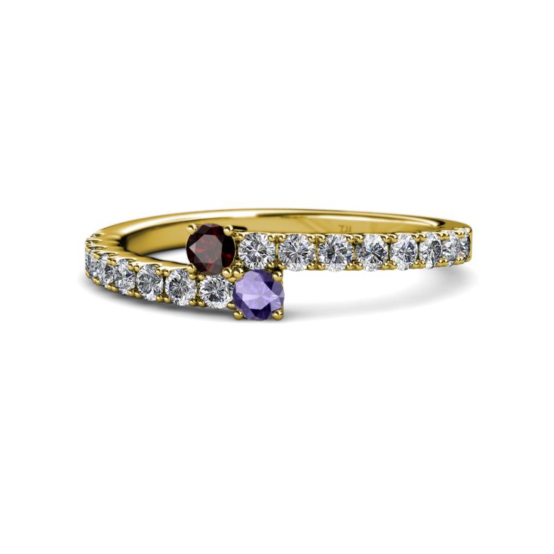Delise 3.40mm Round Red Garnet and Iolite with Side Diamonds Bypass Ring 