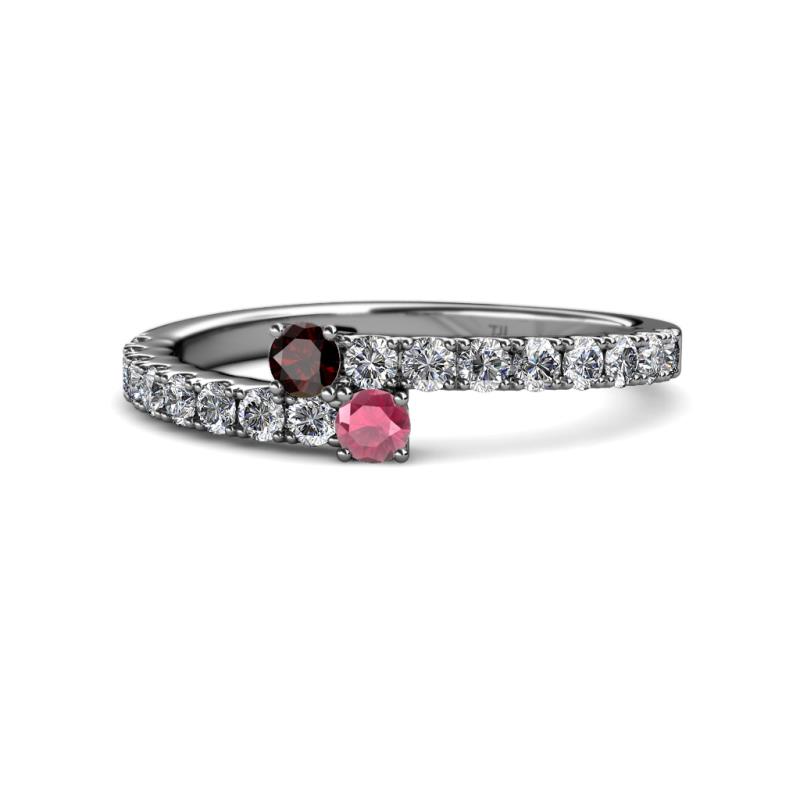 Delise 3.40mm Round Red and Rhodolite Garnet with Side Diamonds Bypass Ring 