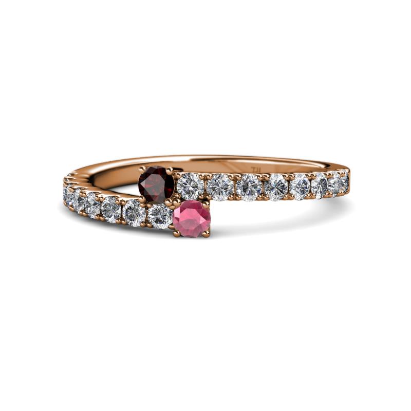 Delise 3.40mm Round Red and Rhodolite Garnet with Side Diamonds Bypass Ring 