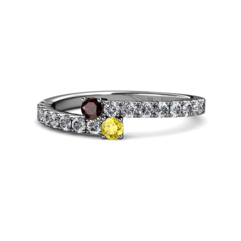 Delise 3.40mm Round Red Garnet and Yellow Sapphire with Side Diamonds Bypass Ring 