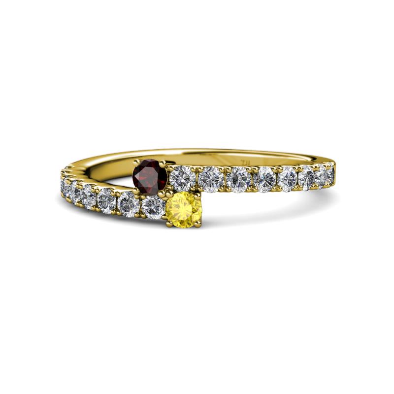 Delise 3.40mm Round Red Garnet and Yellow Sapphire with Side Diamonds Bypass Ring 