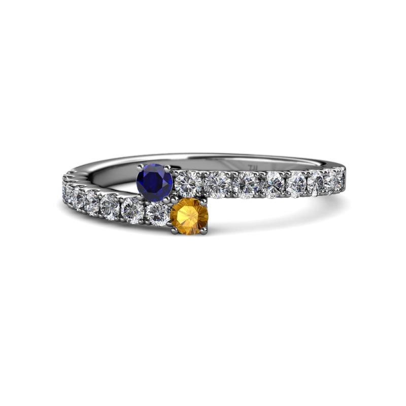 Delise 3.40mm Round Blue Sapphire and Citrine with Side Diamonds Bypass Ring 