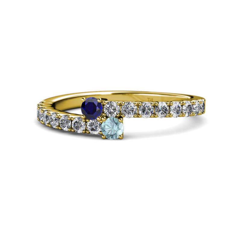 Delise 3.40mm Round Blue Sapphire and Aquamarine with Side Diamonds Bypass Ring 