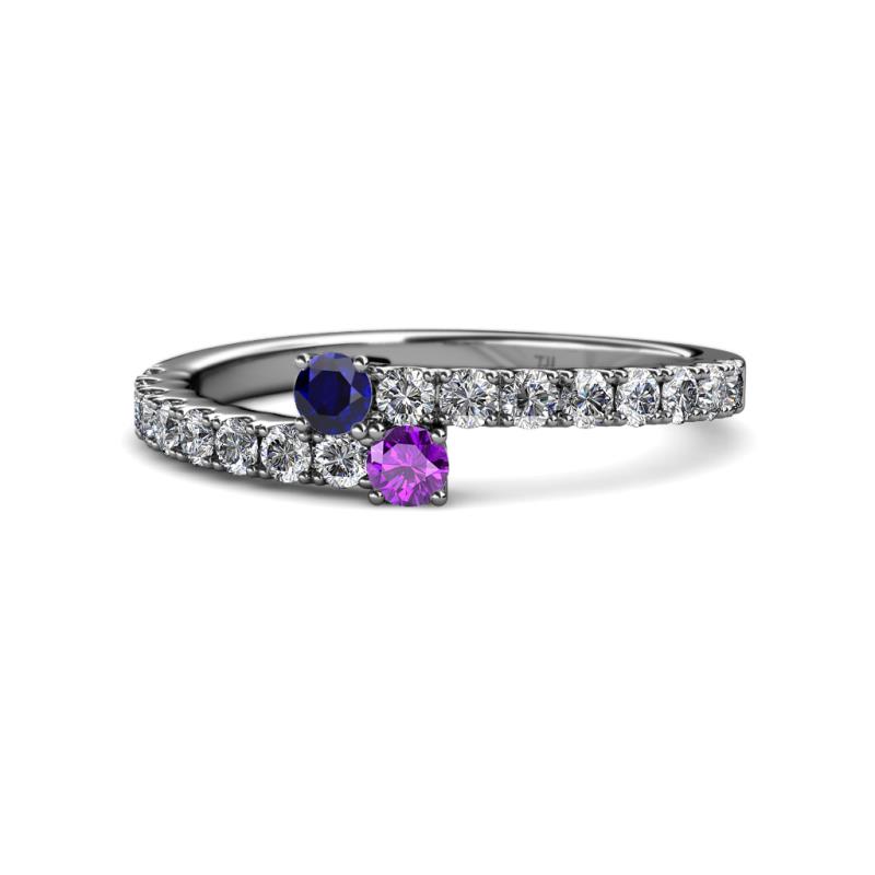 Delise 3.40mm Round Blue Sapphire and Amethyst with Side Diamonds Bypass Ring 