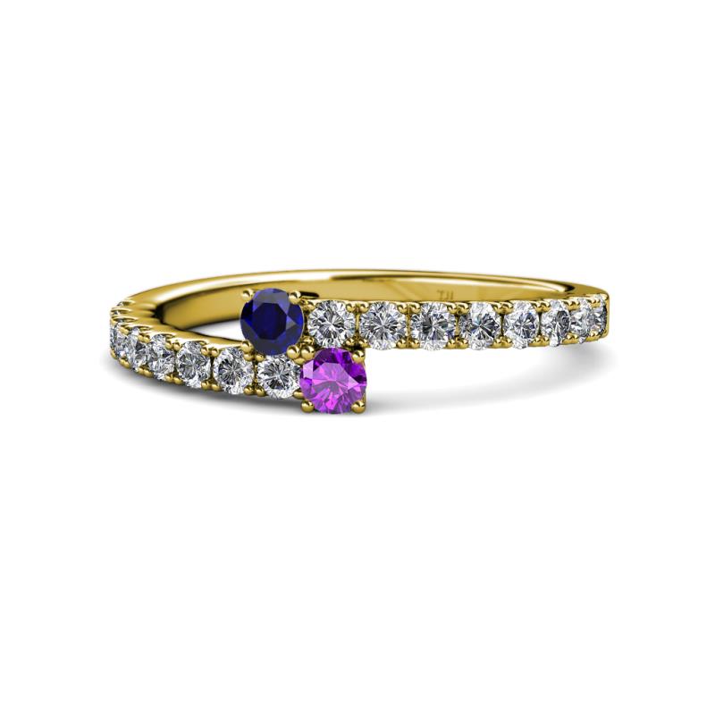 Delise 3.40mm Round Blue Sapphire and Amethyst with Side Diamonds Bypass Ring 