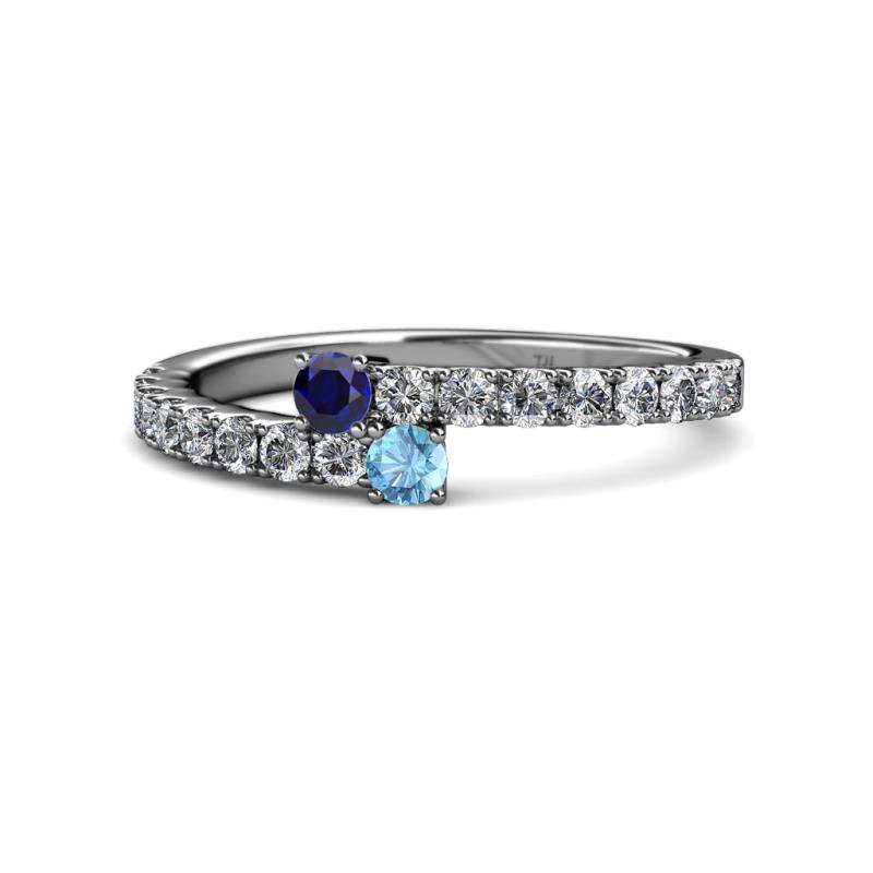 Delise 3.40mm Round Blue Sapphire and Blue Topaz with Side Diamonds Bypass Ring 