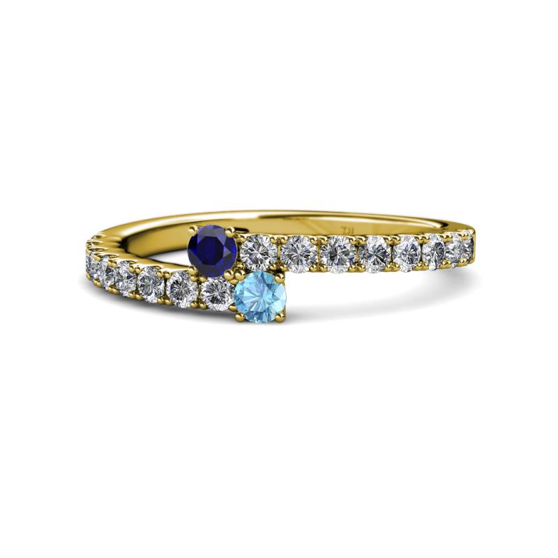 Delise 3.40mm Round Blue Sapphire and Blue Topaz with Side Diamonds Bypass Ring 