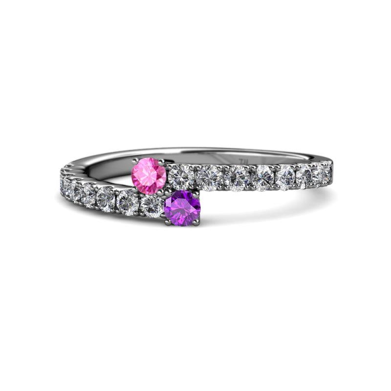 Delise 3.40mm Round Pink Sapphire and Amethyst with Side Diamonds Bypass Ring 