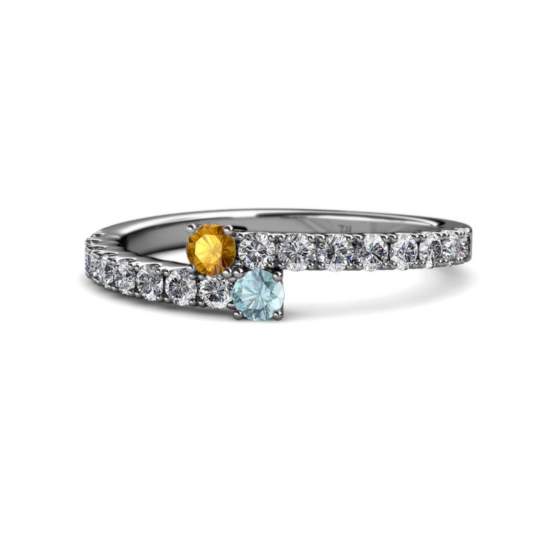 Delise 3.40mm Round Citrine and Aquamarine with Side Diamonds Bypass Ring 