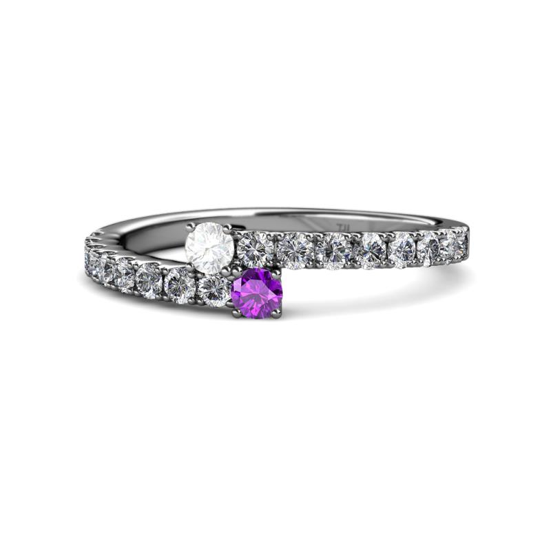 Delise 3.40mm Round White Sapphire and Amethyst with Side Diamonds Bypass Ring 
