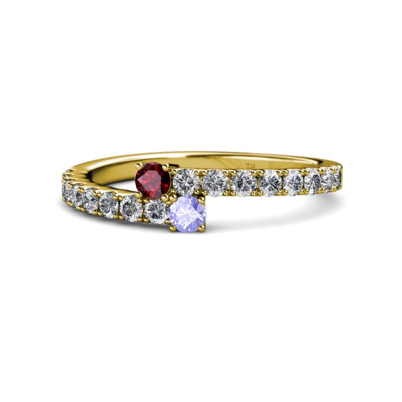 Delise 3.40mm Round Ruby and Tanzanite with Side Diamonds Bypass Ring 