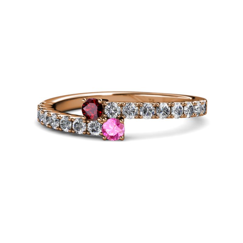 Delise 3.40mm Round Ruby and Pink Sapphire with Side Diamonds Bypass Ring 