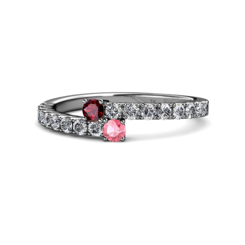 Delise 3.40mm Round Ruby and Pink Tourmaline with Side Diamonds Bypass Ring 