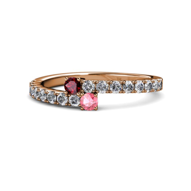 Delise 3.40mm Round Ruby and Pink Tourmaline with Side Diamonds Bypass Ring 