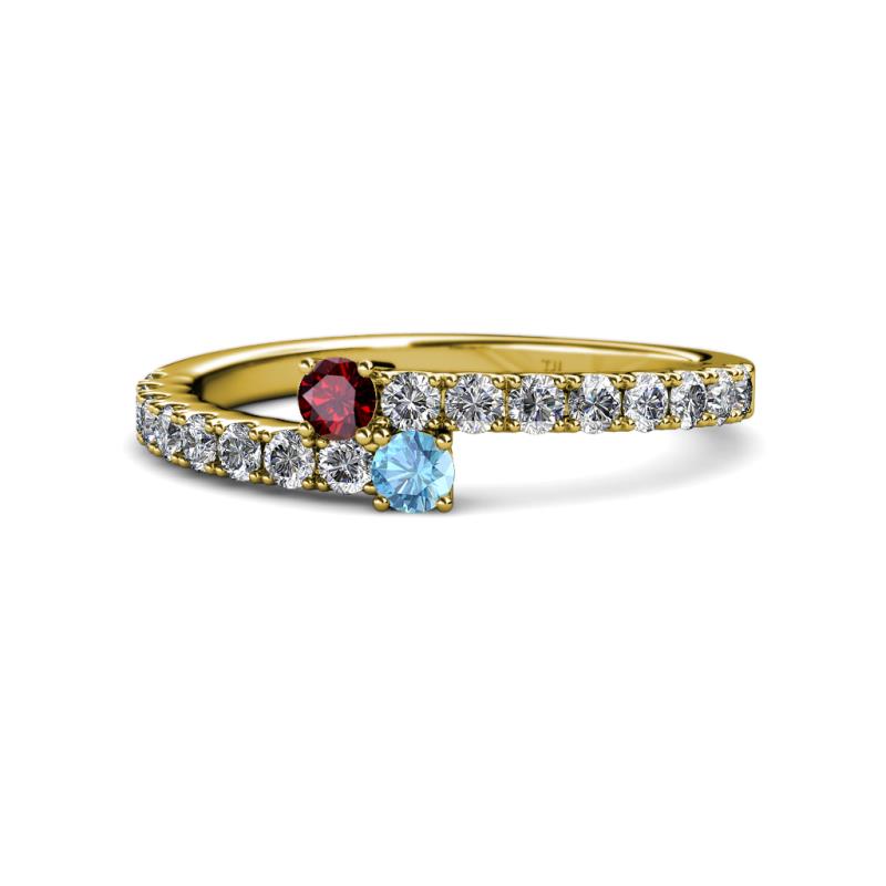 Delise 3.40mm Round Ruby and Blue Topaz with Side Diamonds Bypass Ring 