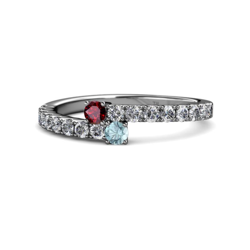 Delise 3.40mm Round Ruby and Aquamarine with Side Diamonds Bypass Ring 
