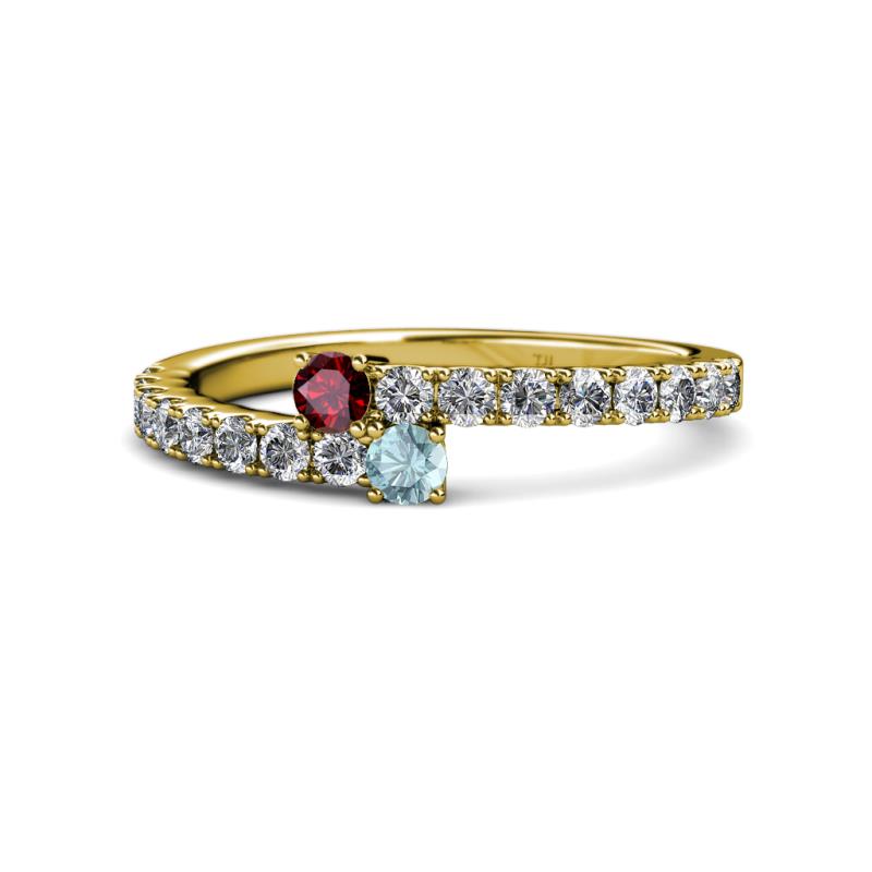Delise 3.40mm Round Ruby and Aquamarine with Side Diamonds Bypass Ring 