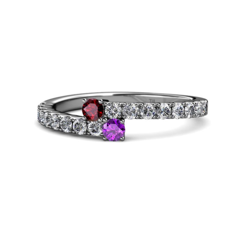 Delise 3.40mm Round Ruby and Amethyst with Side Diamonds Bypass Ring 