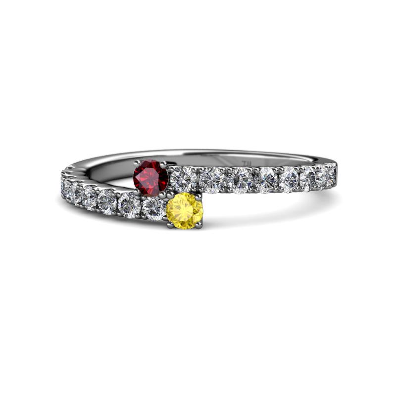Delise 3.40mm Round Ruby and Yellow Sapphire with Side Diamonds Bypass Ring 