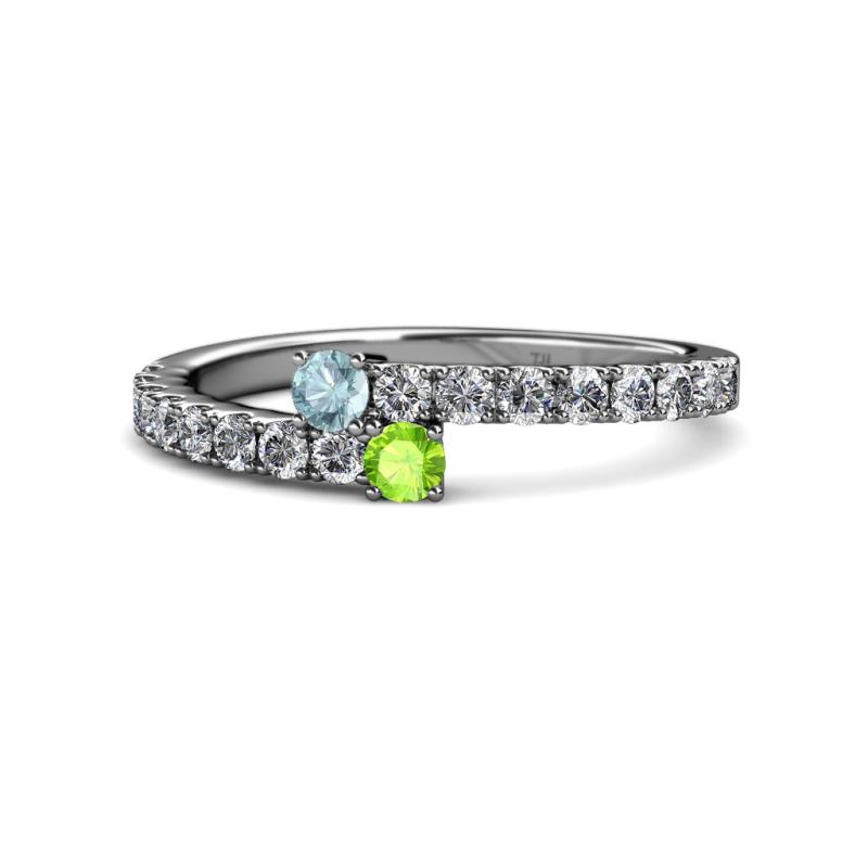 Delise 3.40mm Round Aquamarine and Peridot with Side Diamonds Bypass Ring 