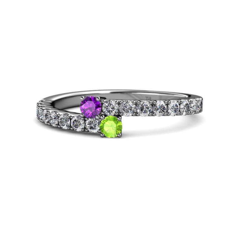Delise 3.40mm Round Amethyst and Peridot with Side Diamonds Bypass Ring 