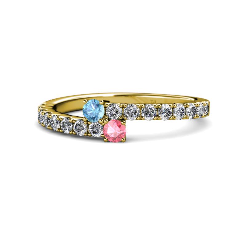 Delise 3.40mm Round Blue Topaz and Pink Tourmaline with Side Diamonds Bypass Ring 