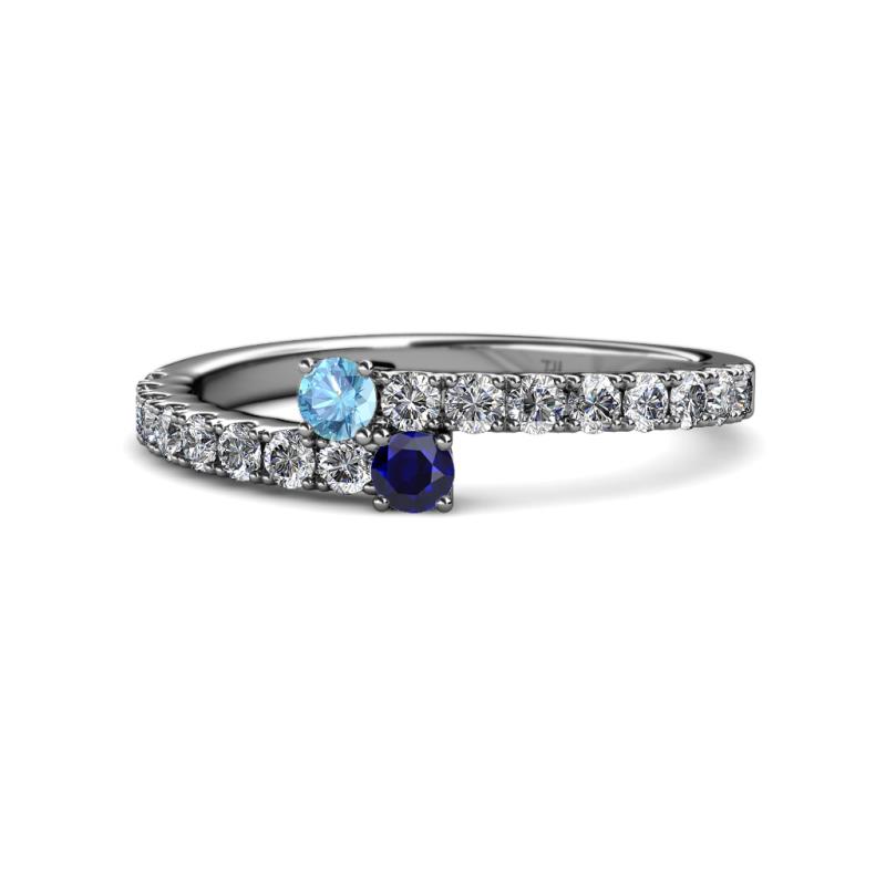 Delise 3.40mm Round Blue Topaz and Blue Sapphire with Side Diamonds Bypass Ring 