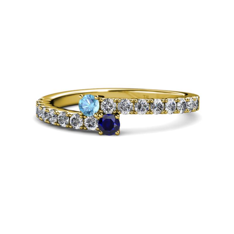 Delise 3.40mm Round Blue Topaz and Blue Sapphire with Side Diamonds Bypass Ring 