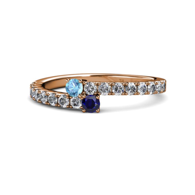 Delise 3.40mm Round Blue Topaz and Blue Sapphire with Side Diamonds Bypass Ring 