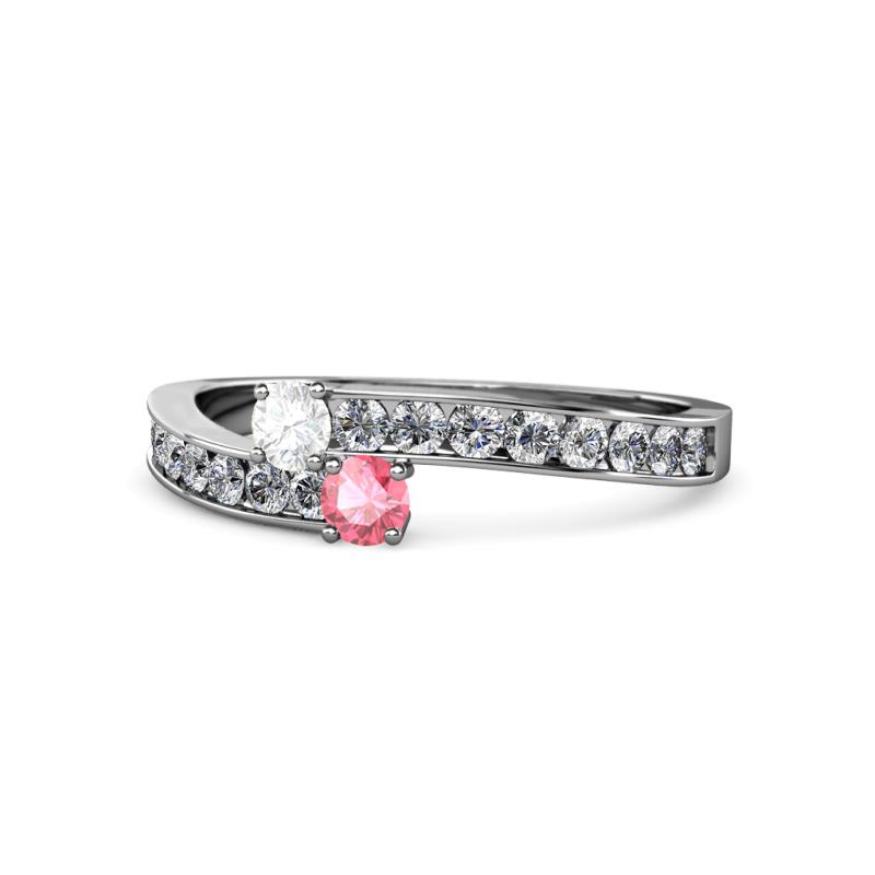Orane White Sapphire and Pink Tourmaline with Side Diamonds Bypass Ring 