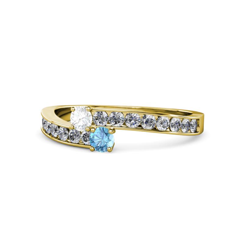 Orane White Sapphire and Blue Topaz with Side Diamonds Bypass Ring 
