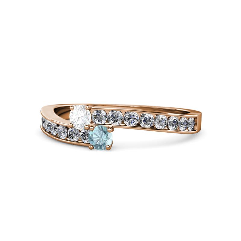Orane White Sapphire and Aquamarine with Side Diamonds Bypass Ring 