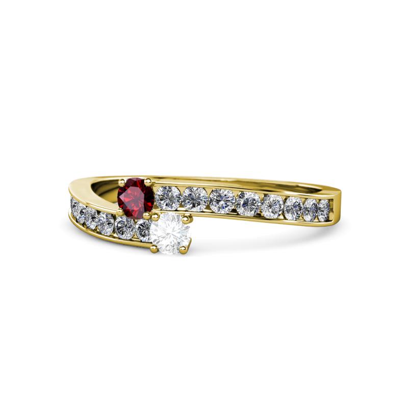 Orane Ruby and White Sapphire with Side Diamonds Bypass Ring 