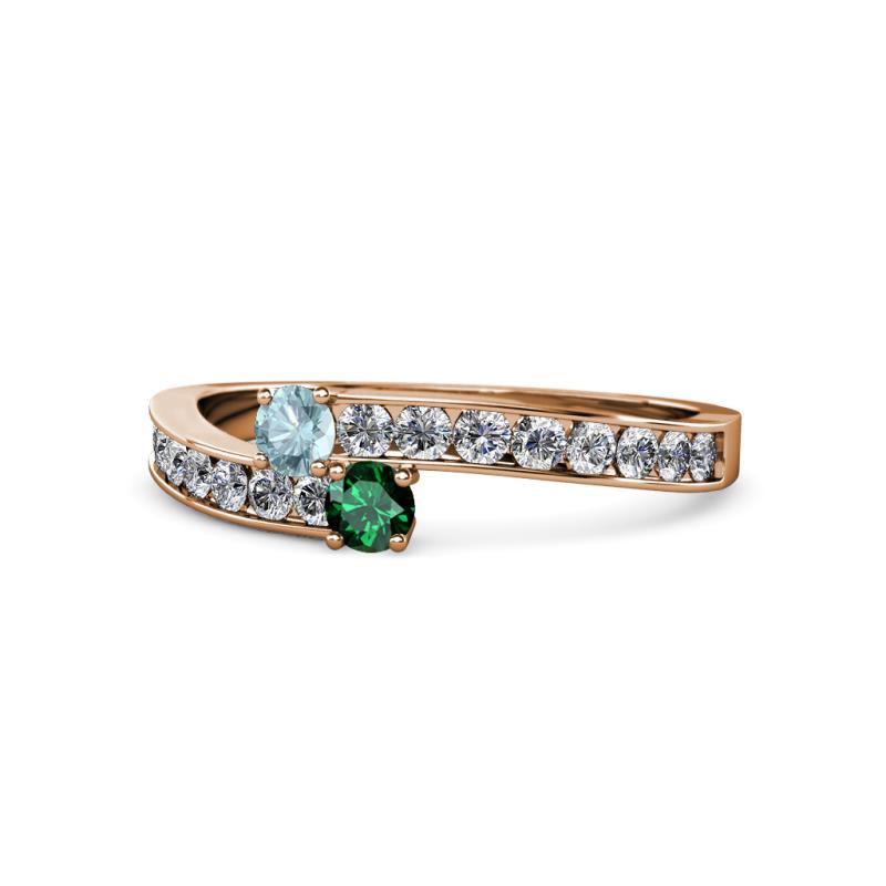 Orane Aquamarine and Emerald with Side Diamonds Bypass Ring 